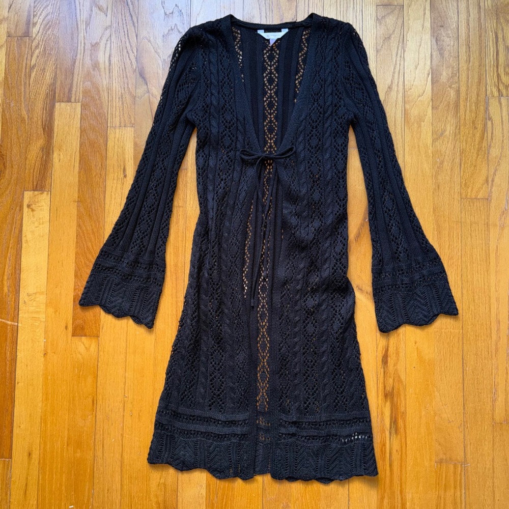 Whimsigoth Black Crochet Duster Cardigan Bell Sleeve Tie Front XS Boho Longline